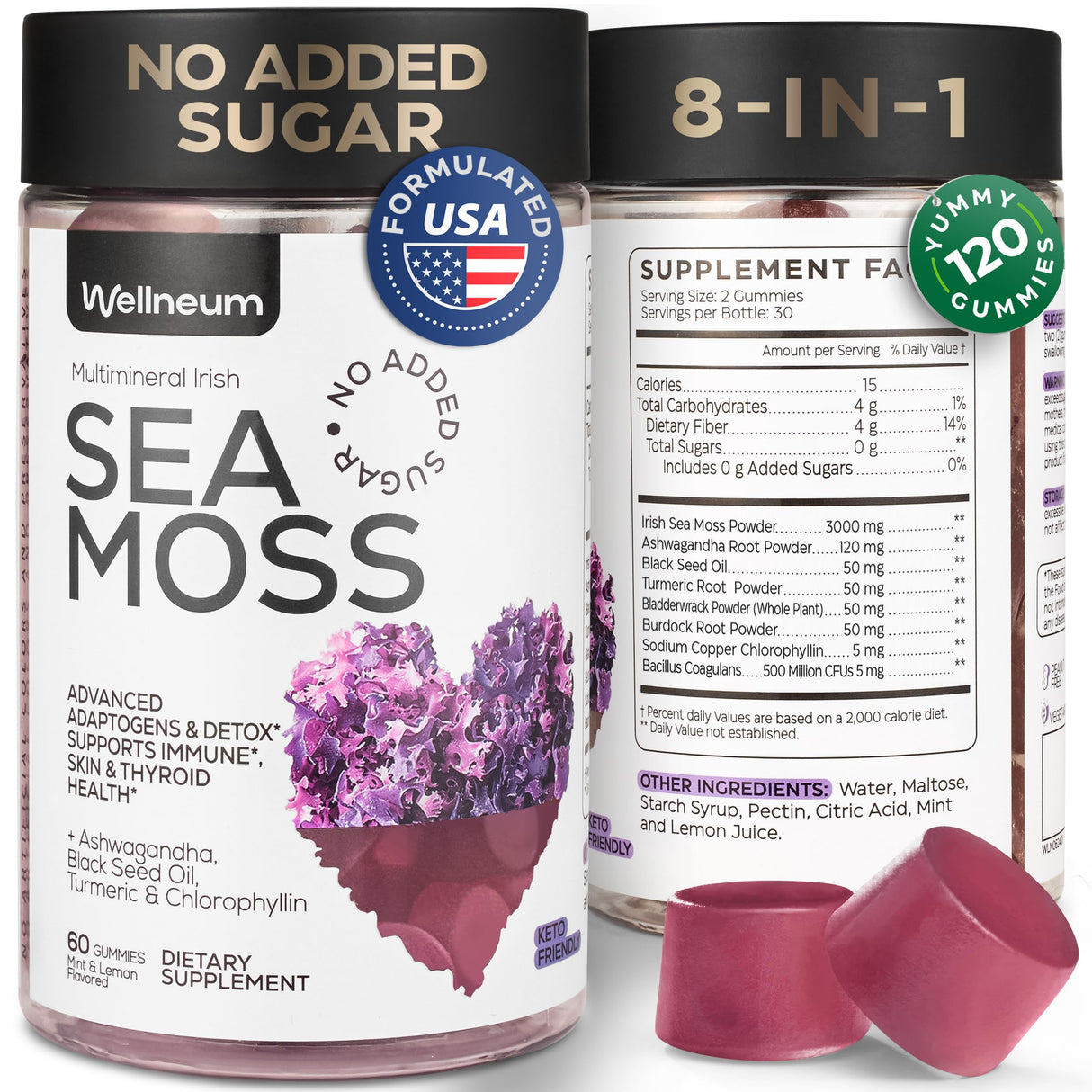 Multimineral Sea Moss Glow Gummies - Irish Seamoss for Immunity, Thyroid Health, Skin - Detox Cleanse Gummies with Black Seed Oil, Bladderwrack, Ashwagandha - No Sugar, GMO - for Men and Women