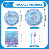 Grencian 96Pcs Frozen Party Supplies Plates Winter Onderland 3rd Birthday Plates Winter Snowflake Happy 3rd Birthday Tableware Disposable for Kids Girls Frozen Themed Party Christmas