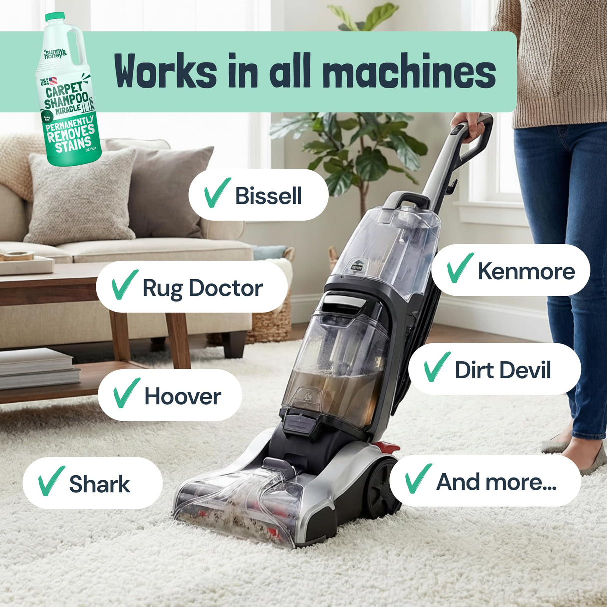 Sunny & Honey Carpet Cleaner Shampoo Solution for Machines, 32floz Mint