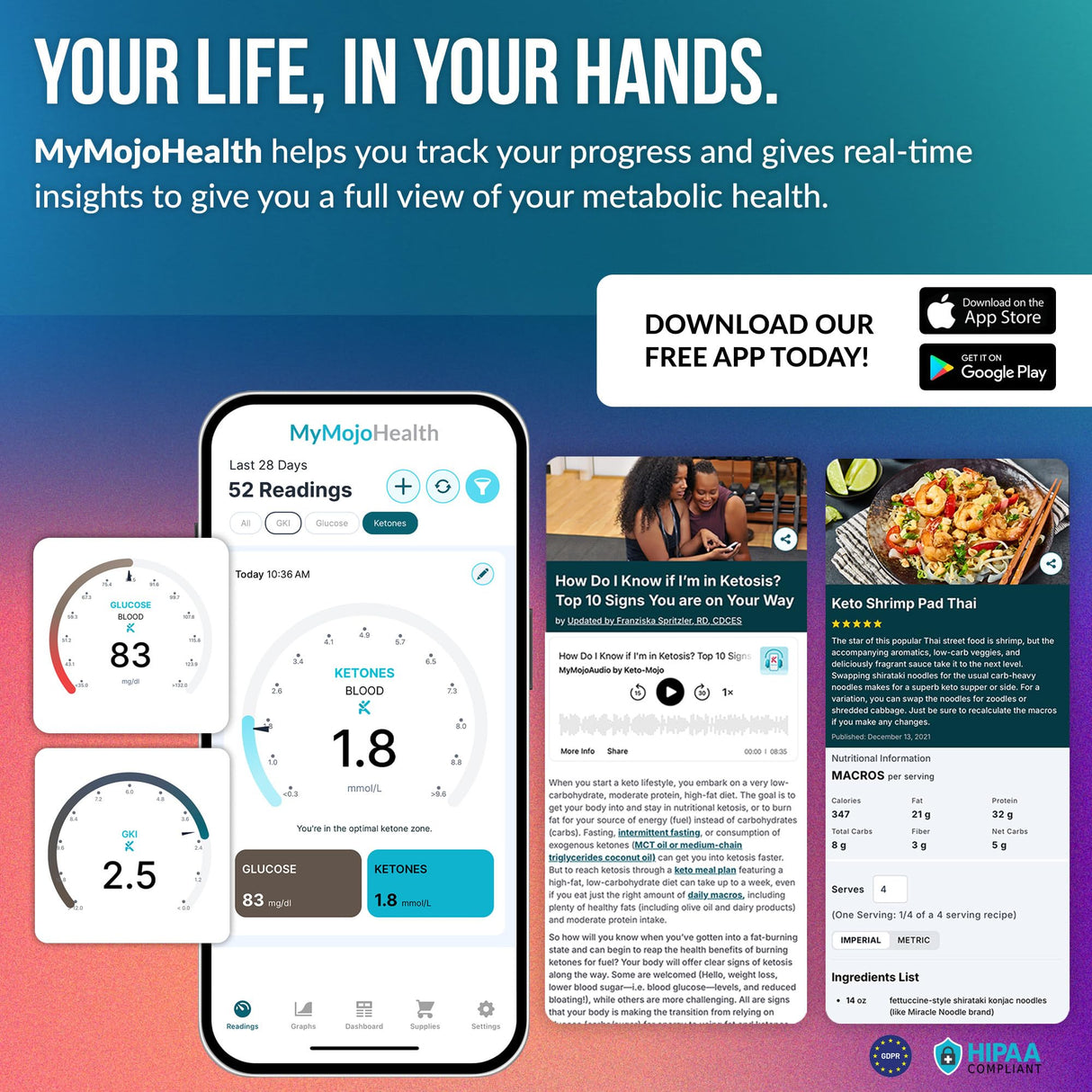 KETO-MOJO GK+ Bluetooth Glucose & Ketone Testing Kit + Free APP for Ketosis & Diabetes Support. 20 Blood Test Strips (10 Each), Meter, 20 Lancets, Lancing Device, and Control Solutions