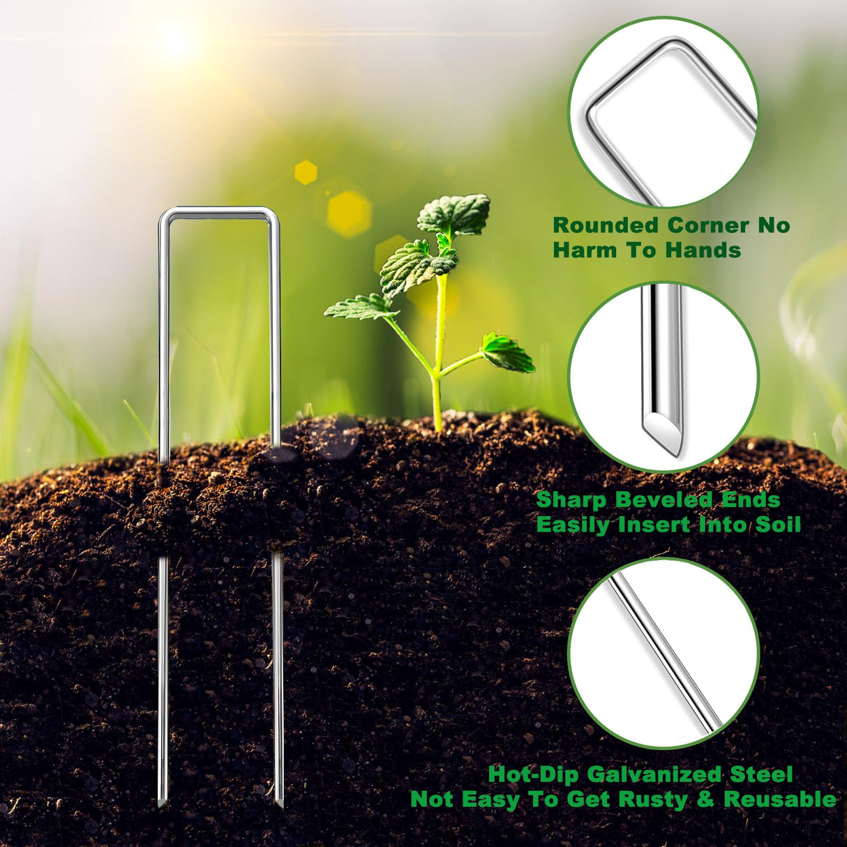 YACOO 6 Inch Landscape Staples Set, 11 Gauge Galvanized U-Shaped Garden Stakes (100 Pack) with 100 Gaskets, Hook Tool & Rubber Mallet for Weed Fabric & Landscaping