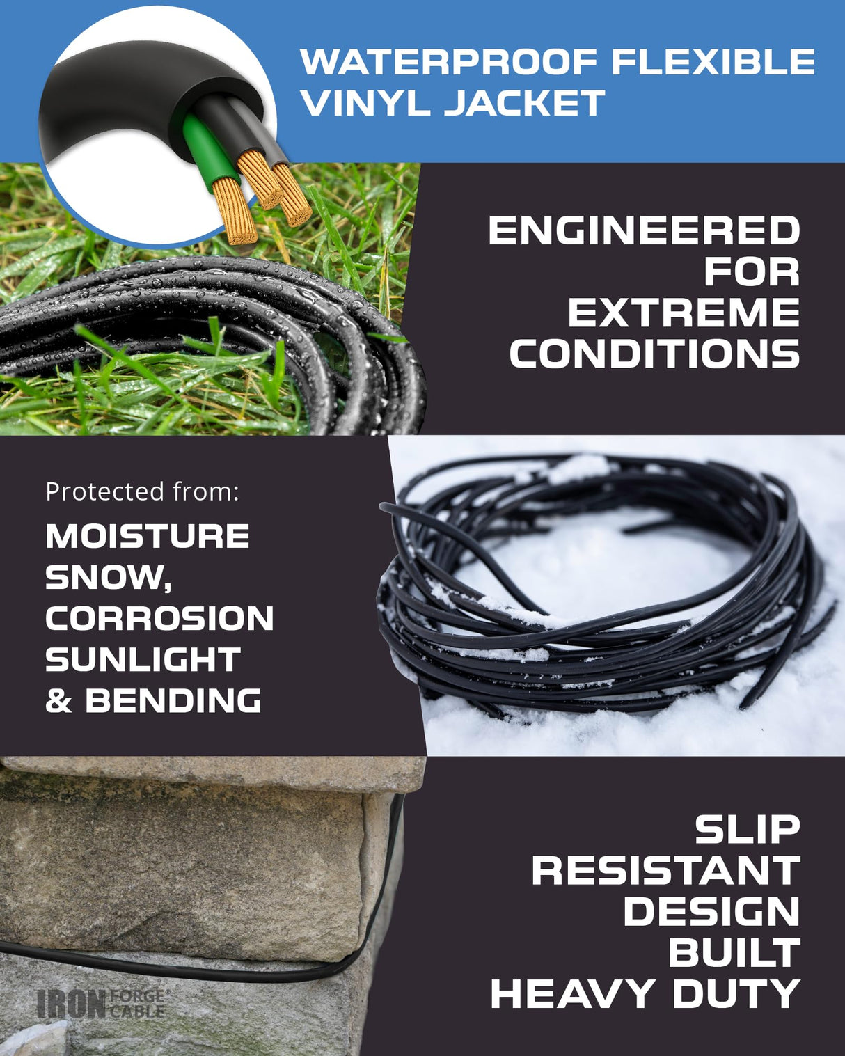 Iron Forge Cable Black Outdoor Extension Cord 50 ft, 16/3, 50 Foot Outdoor Extension Cord, 3 Prong, Weatherproof - Great for Outside Use