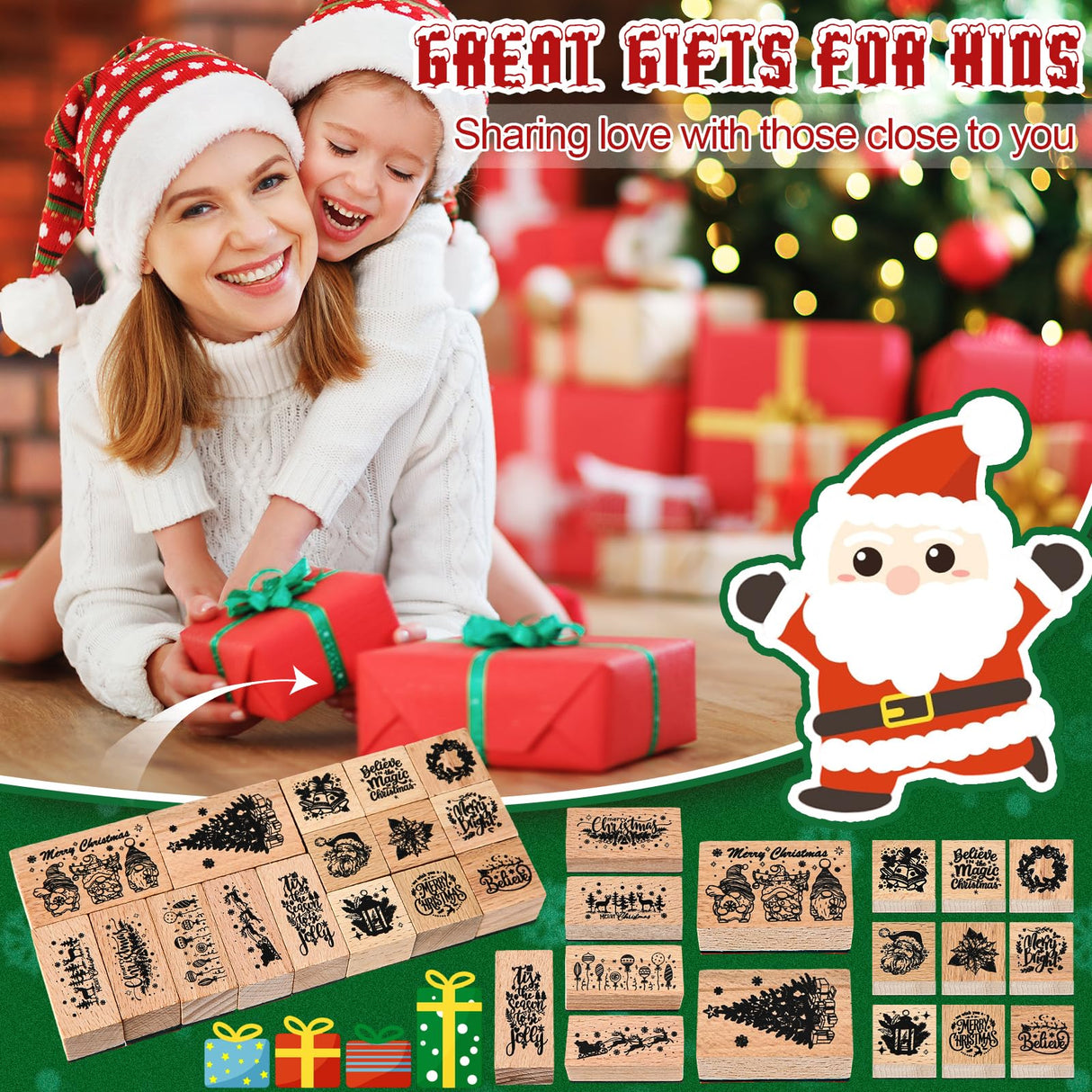 Marspark 22 Pcs Christmas Wooden Rubber Stamps and Craft Ink Pads Set Mixed Christmas DIY Cards Wooden Rubber Stamps for Party Scrapbooking Cards Making Supplies Gift Decor