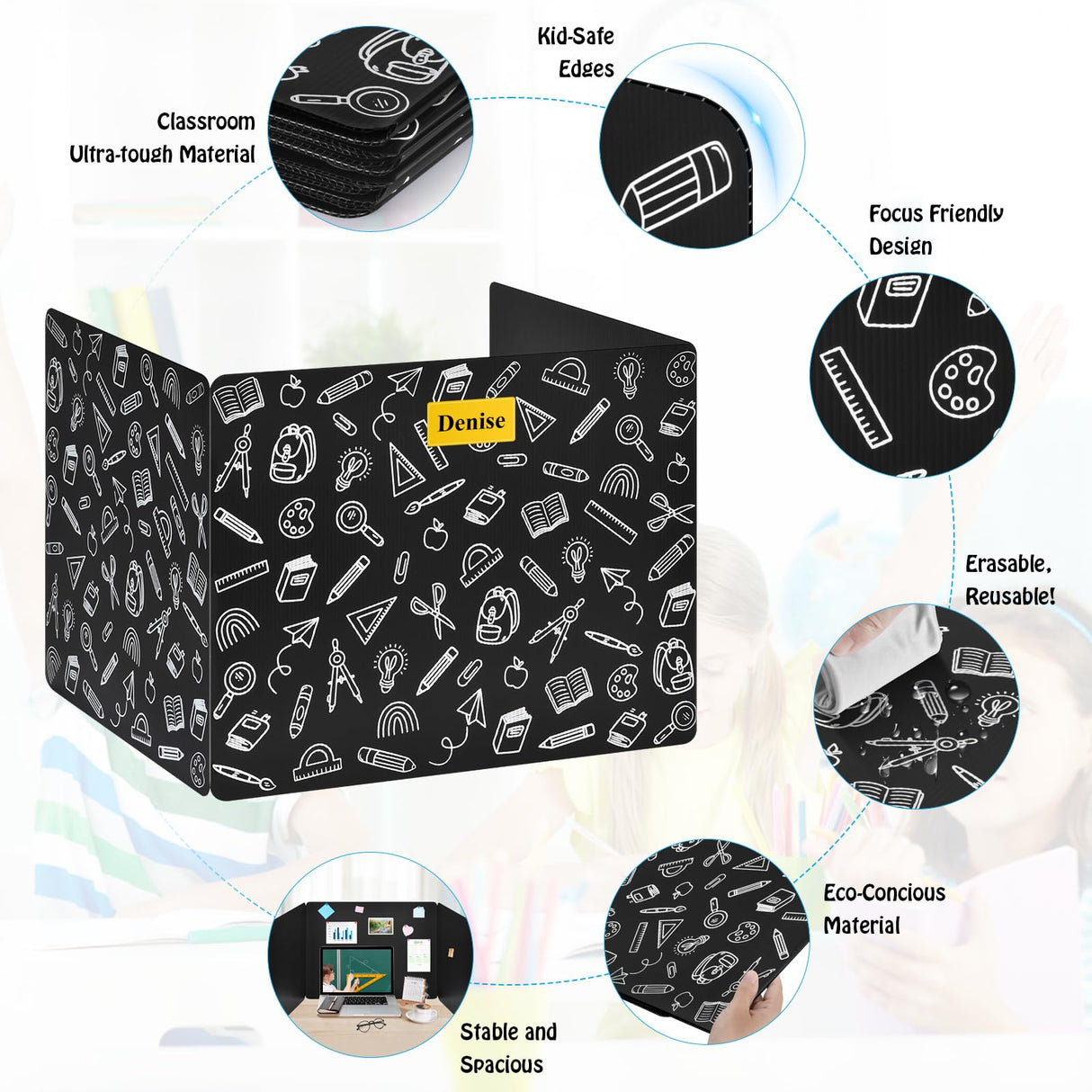 24 Pack Black Printing Privacy Floders for Student Desks - Durable Plastic Erasable - Testing Dividers for Classroom - Easy Clean Privacy Shields for Student - Includes Extra Labels