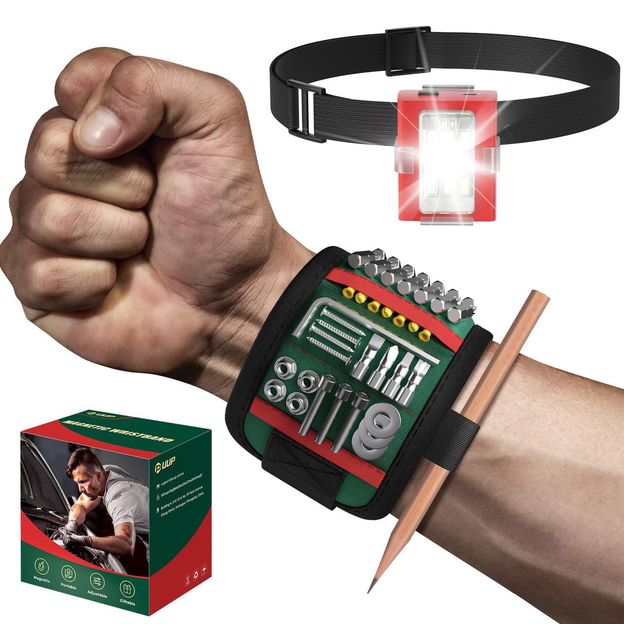UUP Magnetic Wrist band with LED Light, Magnet Tool Belt Wrist Band for Screw and Nail, Adjustable Wrist Tool Holder, Father‘s Day Gifts for Men, Dad, Him, Mechanic, Woodworker, Handyman