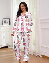 SHESHOW Satin Christmas Pajamas for Women Long Sleeve Winter Pjs Cute Bow Christmas Pajamas Sets L