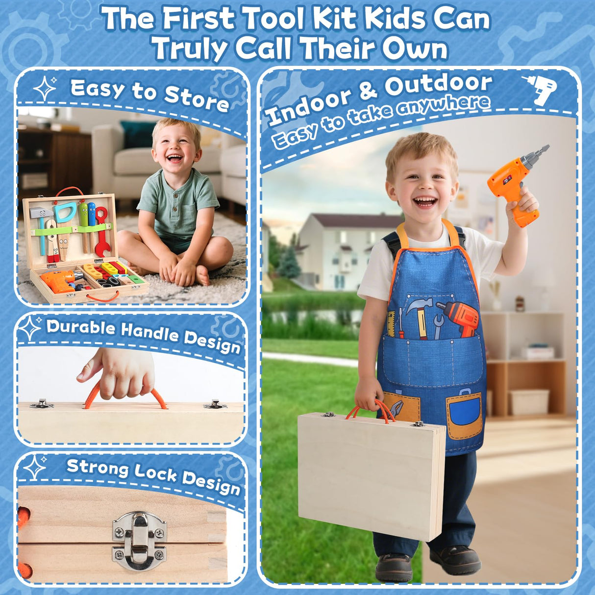 Kids Tool Set with Drill, Educational Montessori Toys for 3 Year Old Boys 44 Pcs STEM Kids Toys Wooden Toddler Tool Set with Apron & Box Christmas Birthday Gifts for 3 4 5 Year Old Boy Girl