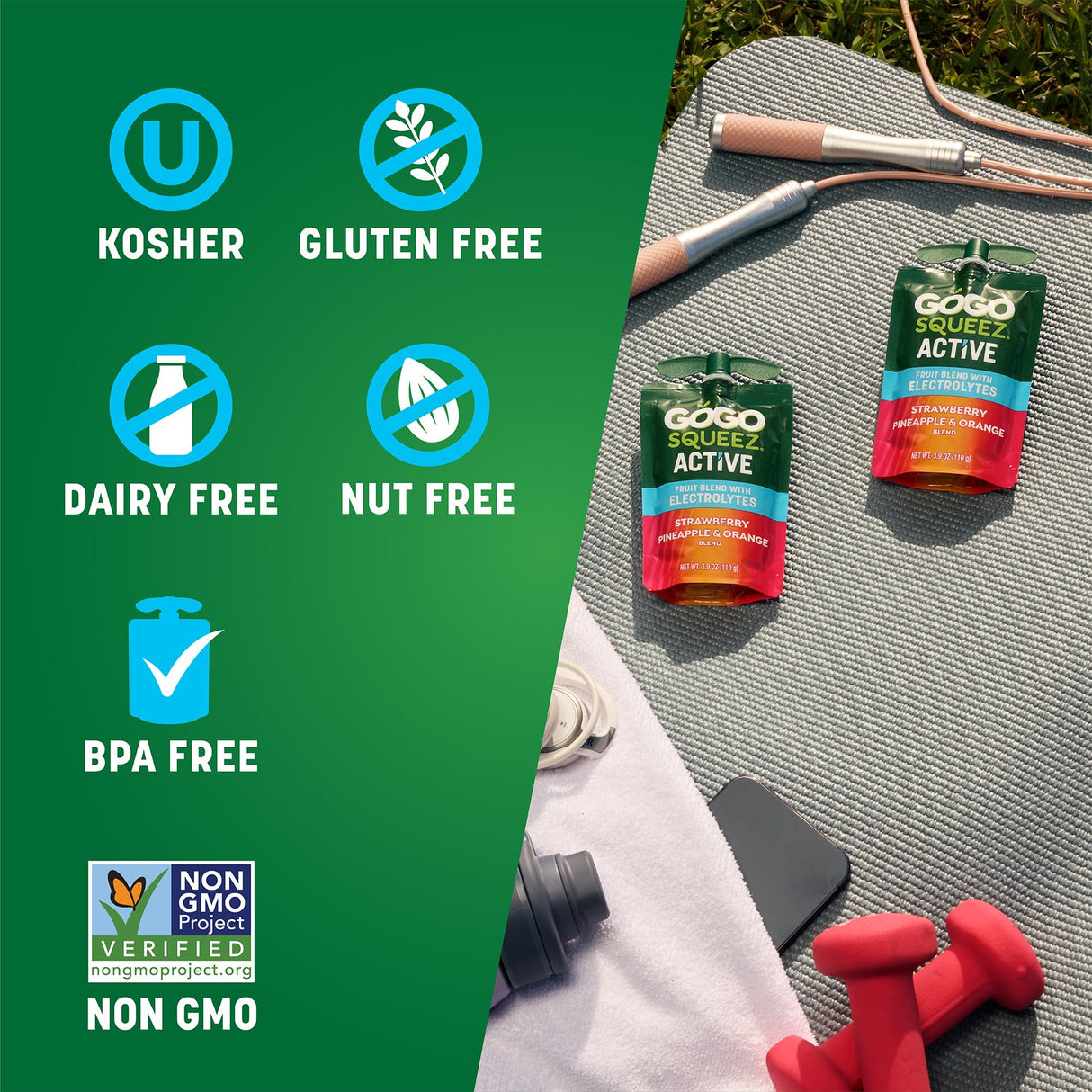 GoGo squeeZ Active Fruit Blend with Electrolytes | 18-Count Variety Pack | Blueberry Strawberry Lemon & Strawberry Pineapple Orange | Made with Real Fruit and Antioxidants Vitamin A, Vitamin E, & Vitamin C