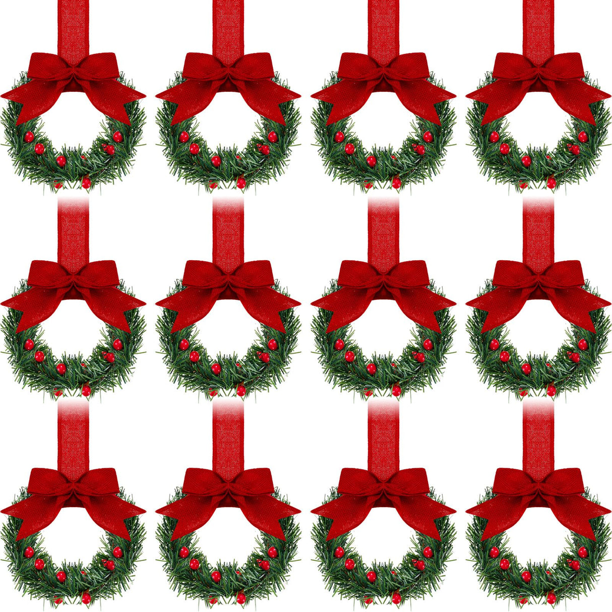 Retrowavy 12 Pcs Christmas Kitchen Cabinet Wreaths with Ribbon 3.94 Inch Mini Christmas Wreath Small Kitchen Xmas Decor for Window Door(Red,Classic Style)