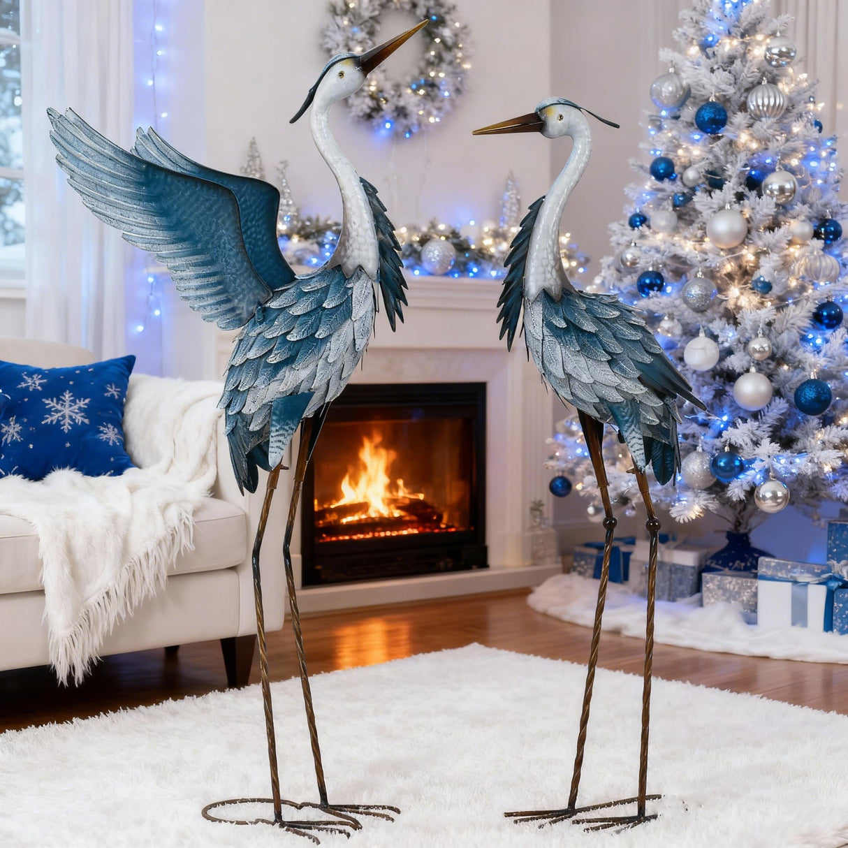 TERESA'S COLLECTIONS Garden Decor Blue Heron Metal Yard Art,38-42" Large Metal Cranes Sculptures & Statues Heron Decoy for Outdoor Indoor Decorations,Outside Patio,Pool, Lawn,Set of 2,Gift for Mom