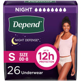 Depend Night Defense Adult Incontinence & Postpartum Bladder Leak Underwear for Women, Disposable, Overnight, Small, Blush, 26 Count, Packaging May Vary