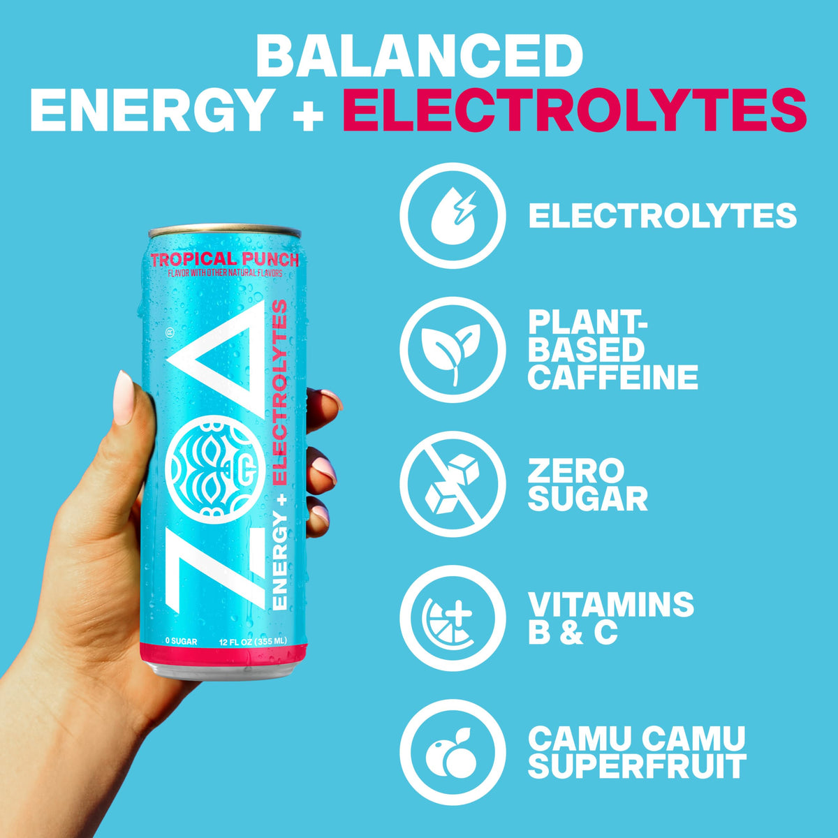 ZOA Zero Sugar Energy Drink, Variety Pack, 12 Pack, 12 Fl Oz