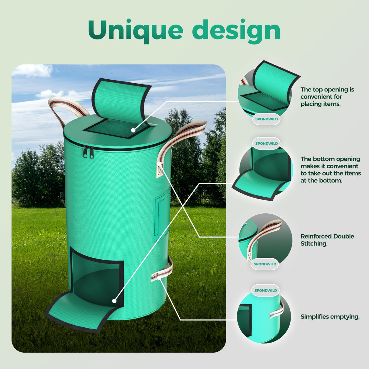 SPONDWILD 32 Gallon Outdoor Garden Waste Bag, Reusable Lawn Bag, Green