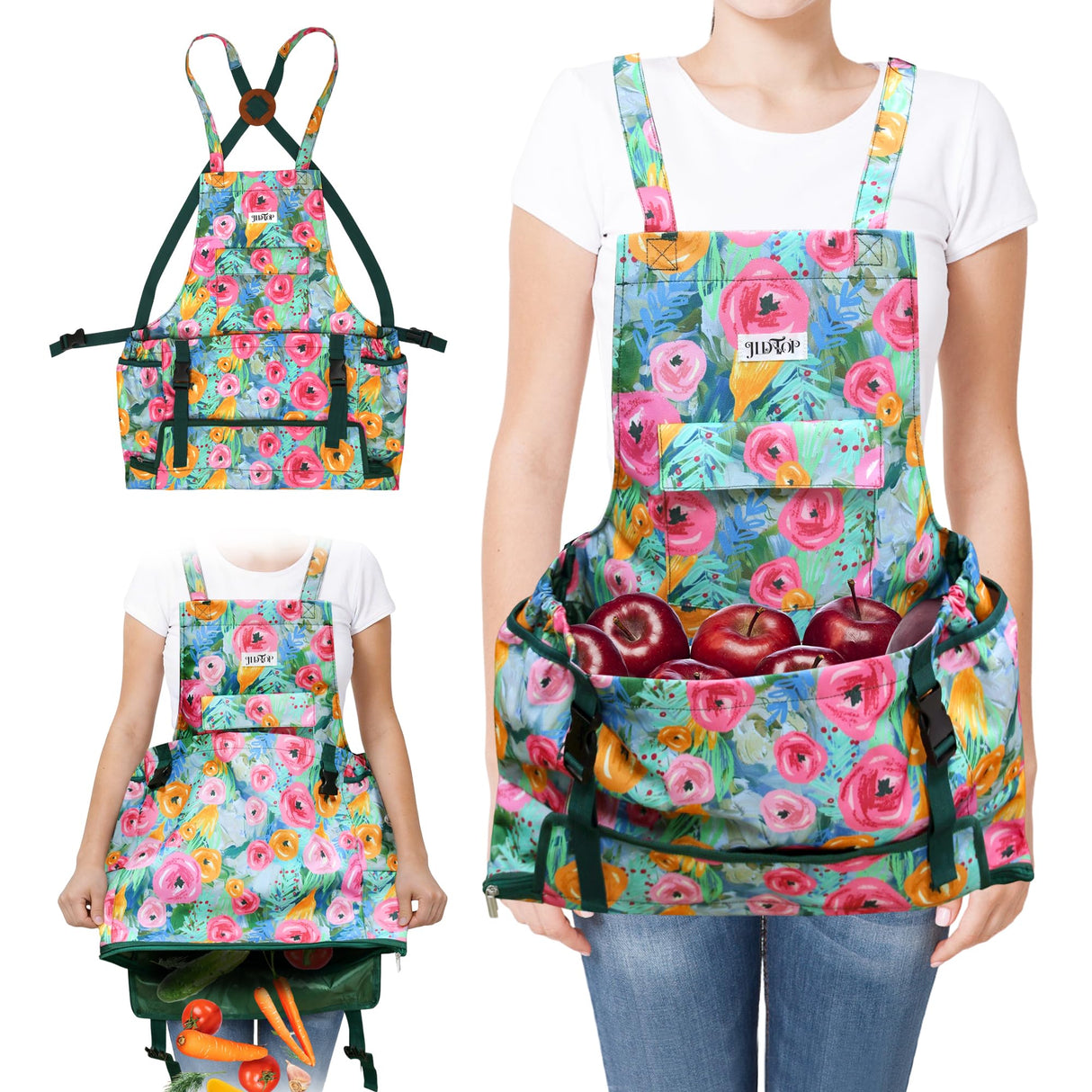 JLDTOP Garden Harvest Apron for Women, Fruit Picking Apron with Quick Release Bottom, Adjustable Cross Back Tool Apron with Pockets, Gardening Gift for Plant Lovers & Gardeners (Green Floral)