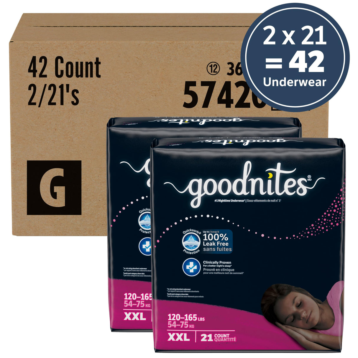 Goodnites Girls' Nighttime Underwear, Size XXL (120-165 lbs), 42 Ct (2 Packs of 21), Packaging May Vary