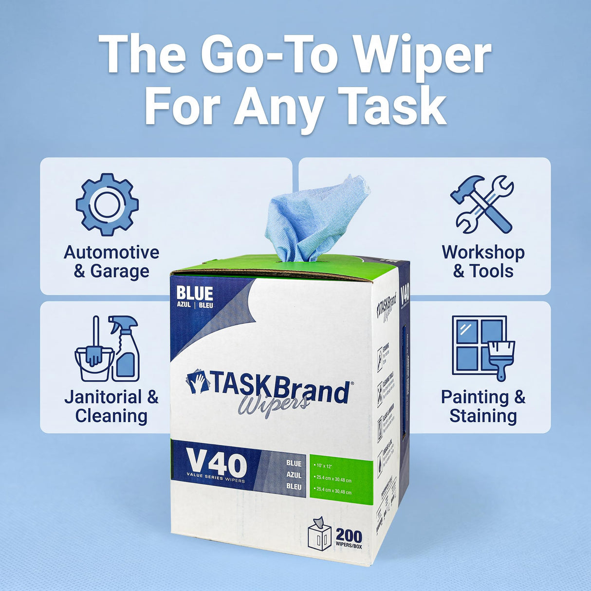 TaskBrand N-V040CGB Blue V40 Value Series Center Pull Wiper Sheets, All-Purpose Disposable Cleaning Towels, 10 x 11.5 Inches, Roll of 200