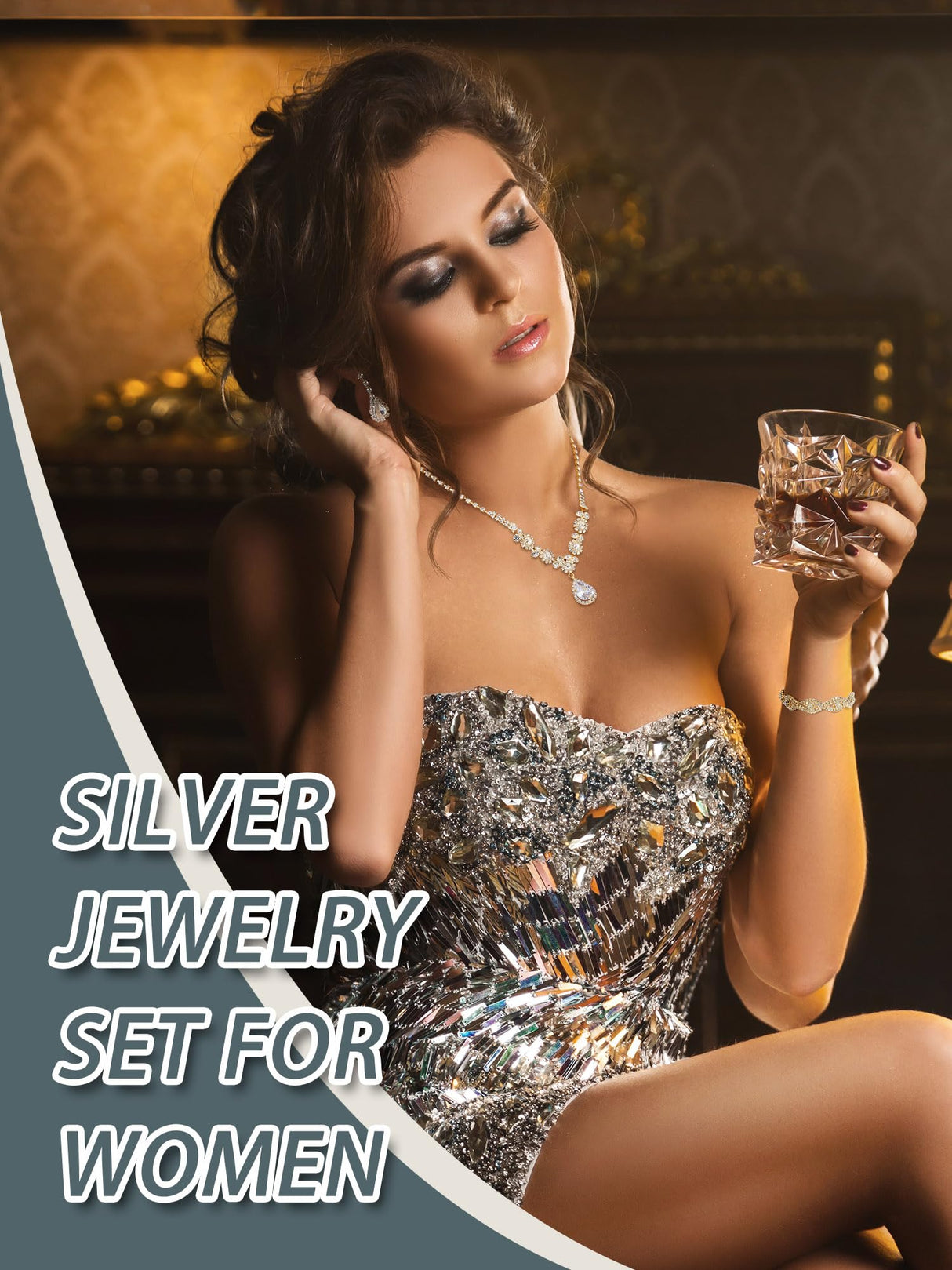 Henoyso 5 Pcs Rhinestone Jewelry Sets Prom Purse for Women, Gold