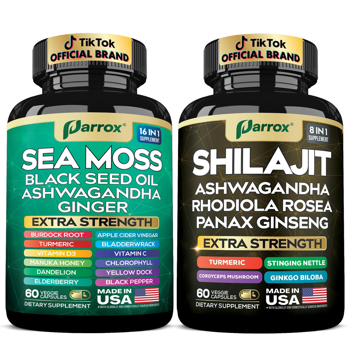Parrox Shilajit and Sea Moss Bundle, Sea Moss 350mg, Black Seed Oil 200mg, Ashwagandha 100mg, Turmeric, Shilajit 300mg, Rhodiola Rosea 100mg, Panax Ginseng 50mg, Dynamic Vitality Bundle (1 Pack)