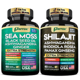 Parrox Shilajit and Sea Moss Bundle, Sea Moss 350mg, Black Seed Oil 200mg, Ashwagandha 100mg, Turmeric, Shilajit 300mg, Rhodiola Rosea 100mg, Panax Ginseng 50mg, Dynamic Vitality Bundle (1 Pack)