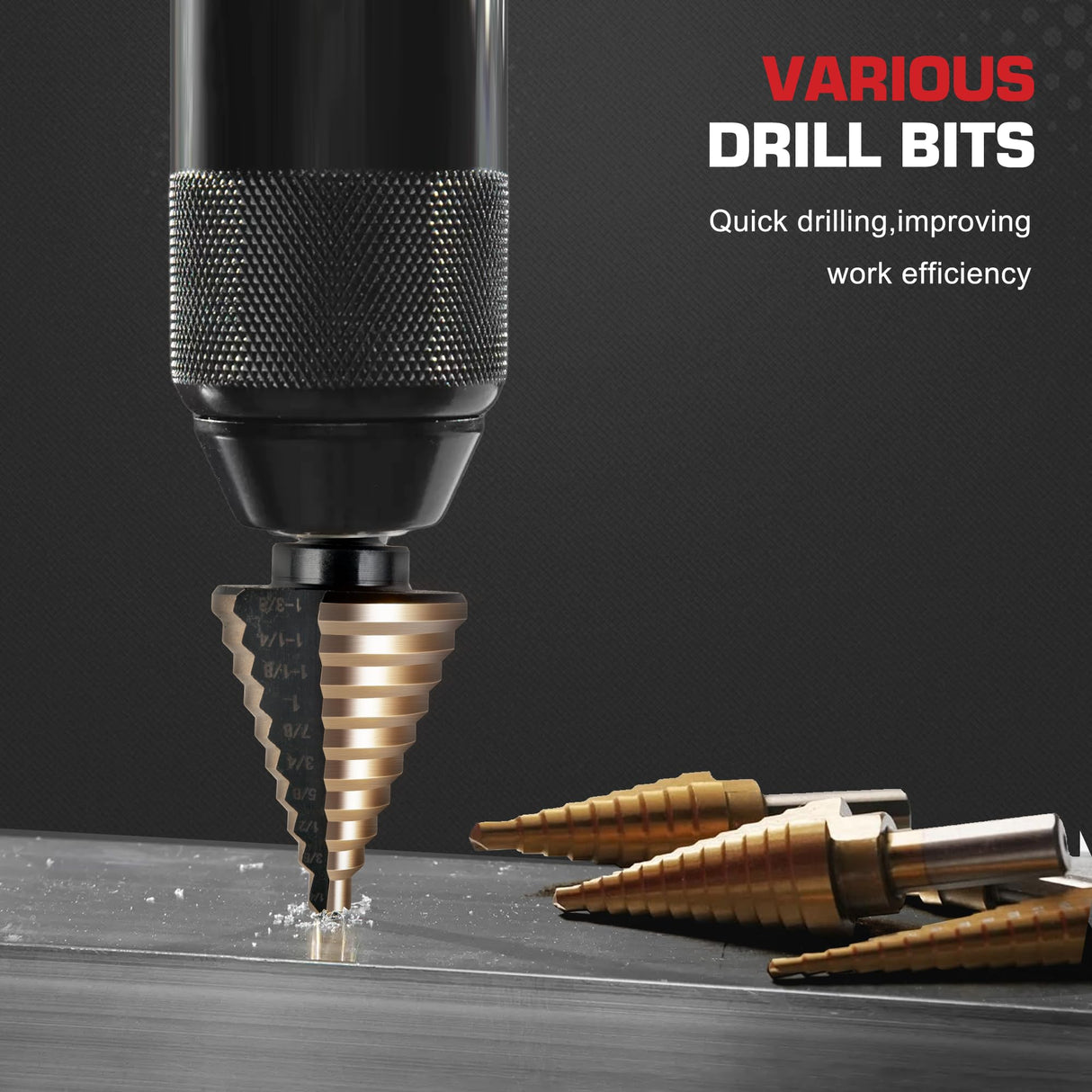 5Pcs Step Drill Bit & 5Pcs Countersink Drill Bit Set, Titanium Coated, HSS Step Bit, 50 Sizes of Step Bit for Metal with Aluminum Case, Multiple Hole Stepped Up Bits for DIY