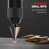 5Pcs Step Drill Bit & 5Pcs Countersink Drill Bit Set, Titanium Coated, HSS Step Bit, 50 Sizes of Step Bit for Metal with Aluminum Case, Multiple Hole Stepped Up Bits for DIY
