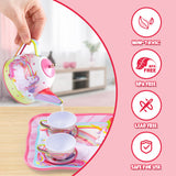 JOYIN Unicorn Tea Party Set for Little Girls, Pretend Pink Tin Teapot Set, Princess Tea Time Play Kitchen Toy with Teapot, Cup, Plate, Carrying Case for Kids Toddlers Age 3 4 5 6, Gift for Christmas