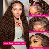 Aonou 200% Density Chocolate Brown Deep Wave Lace Front Wigs Human Hair 13x6 Deep Curly Human Hair Wigs for Women HD Transparent Lace Frontal Wet and Wavy Wigs Pre Plucked 100% Virgin Hair 28inch