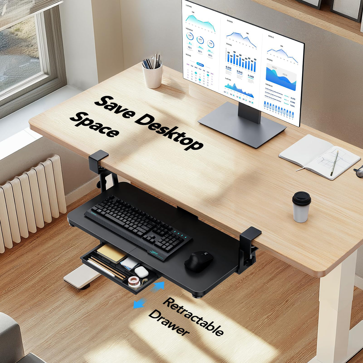 HUANUO Large Under Desk Keyboard Tray with Sturdy C-Clamp Mount, 26 (30.16" Including Clamps) x 12 inch Slide-Out Platform Computer Desk Heavy Duty Keyboard Tray with Storage Drawer for Typing, Black