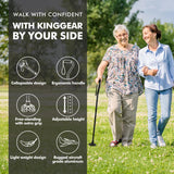 KINGGEAR F1 Walking Stick, Walking Cane for Women & Men with Wrist Strap, Lightweight & Sturdy Offset EVA Handle, Large Quad Base, Self Standing for Seniors and People with Injuries & Recovery
