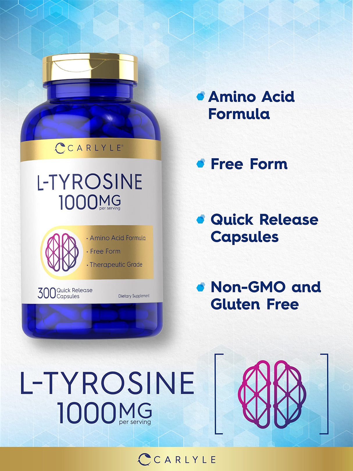 Carlyle L Tyrosine Capsules 1000mg | 300 Count | Therapeutic Grade | for Men and Women | Non-GMO & Gluten Free Supplement