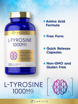 Carlyle L Tyrosine Capsules 1000mg | 300 Count | Therapeutic Grade | for Men and Women | Non-GMO & Gluten Free Supplement