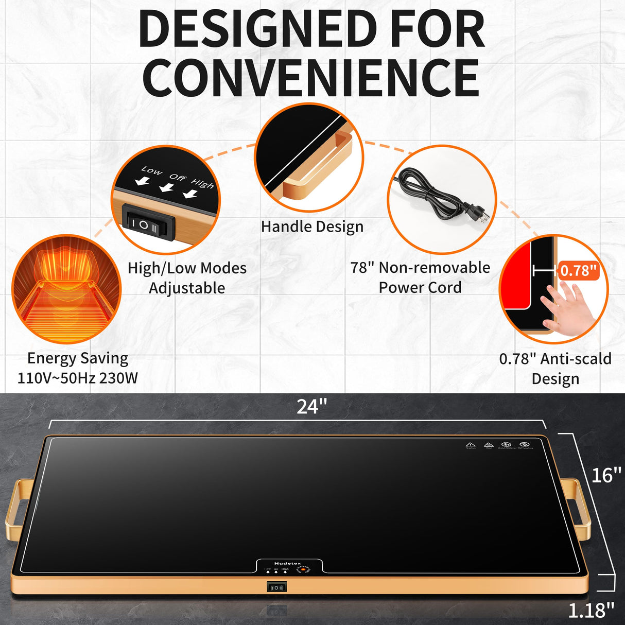 Food Warming Mat (XL 24"x16"), Food Warmers for Parties Buffet and Daily Use, Full Surface Warm Evenly Electric Warming Tray with Button Temperature Control, Gold Handles Warming Mat for Food, Black