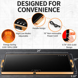 Food Warming Mat (XL 24"x16"), Food Warmers for Parties Buffet and Daily Use, Full Surface Warm Evenly Electric Warming Tray with Button Temperature Control, Gold Handles Warming Mat for Food, Black