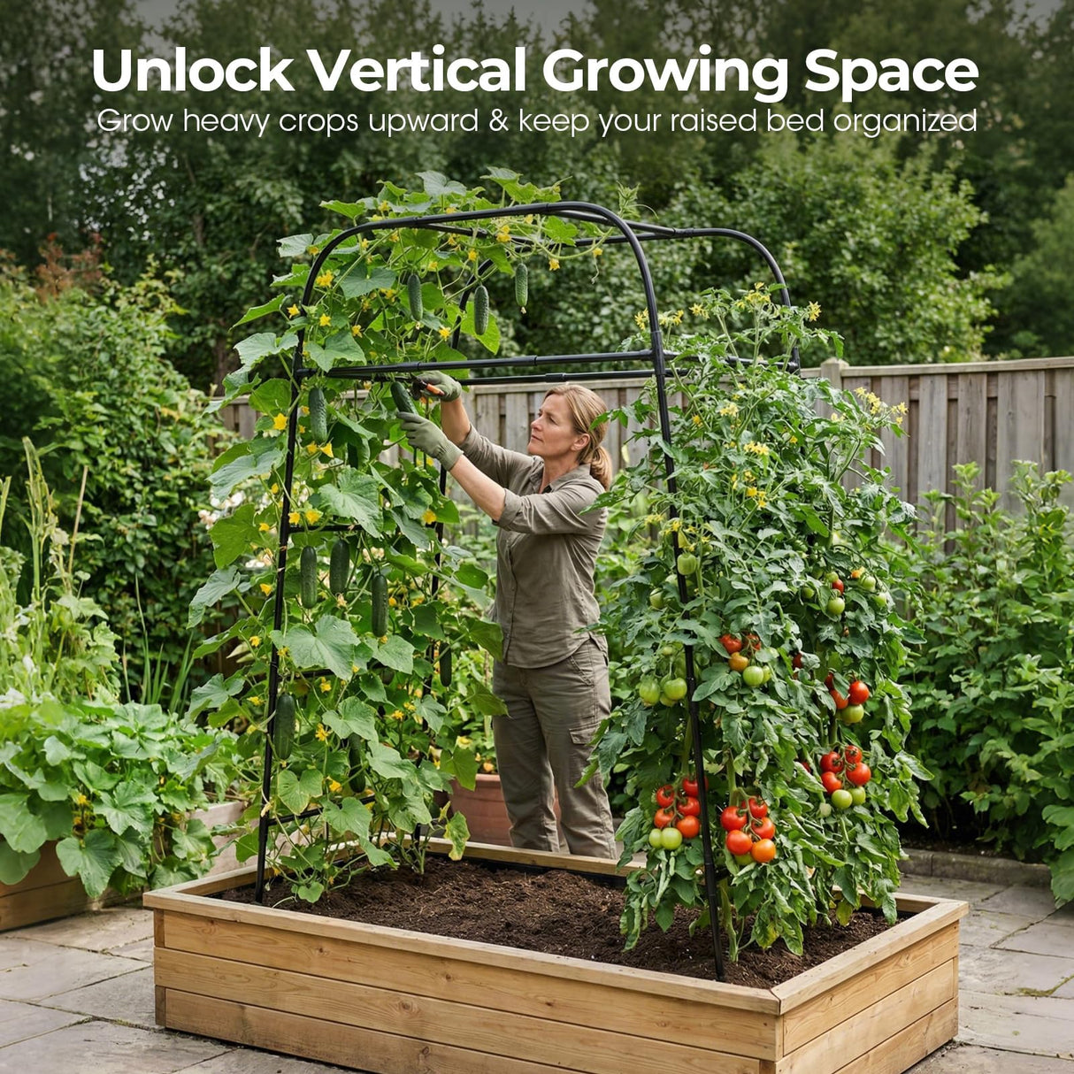 Garden Arch Trellis for Climbing Plants, 83" High Metal Cucumber Trellis & Tomato Cage, Rustproof Steel Tunnel Support for Squash, Pumpkin, Vegetables with Screw Fixation (32.3" L x 39.4" W)