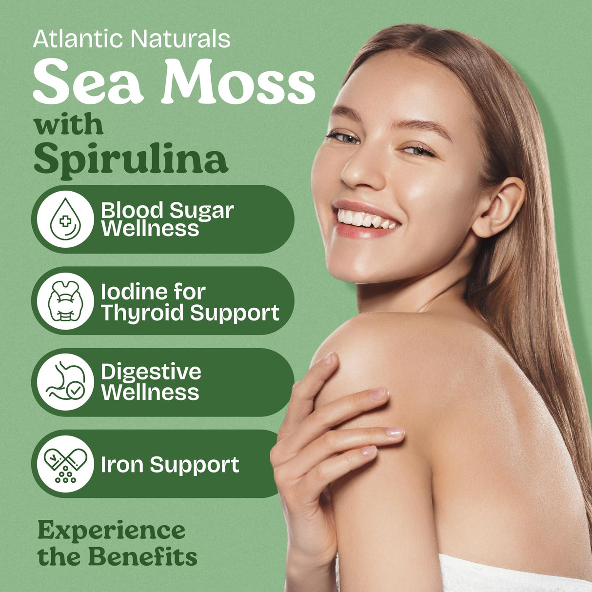 Atlantic Naturals Sea Moss with Spirulina Superfood Capsules - Multivitamin Supplement Supports Healthy Iron and Immune Health, Alternative to Seamoss Gel and Powder - Irish Sea Moss Capsules (120 ct)