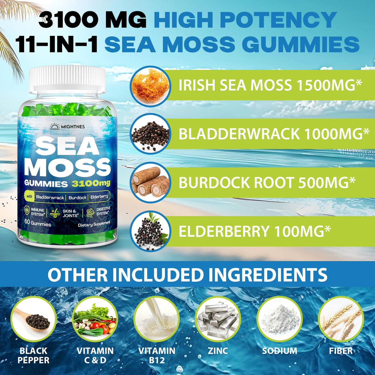 Sea Moss Gummies, 3100mg Irish True Sea Moss Seamoss Gummies for Women & Men with Bladderwrack, Burdock Root, Elderberry Vitamin C and Zinc for Detox Cleanse, Immune, Skin, Digestive, Organic, 120Ct