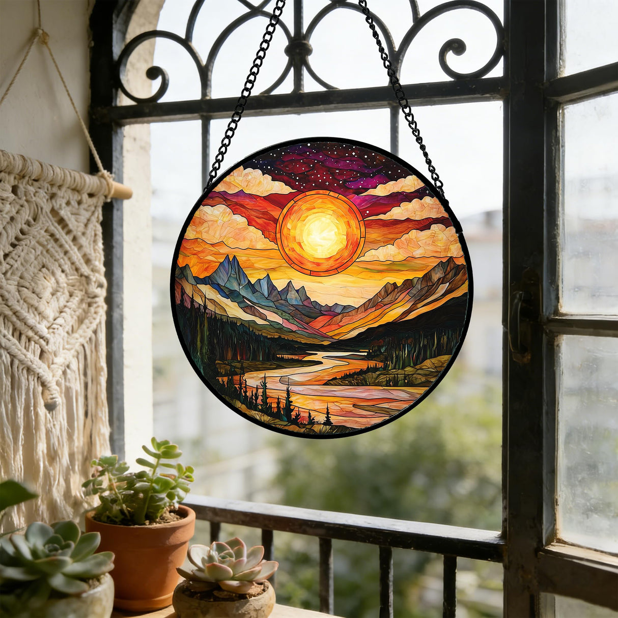DASTOLL Stained Glass Window Hanging, Dusk Sunset Landscape Sun Catchers Glass Panel Lakes and Mountains Suncatcher Decor for Birthday for Women, Men, Wife, Aunt, and Mom 7.8 in