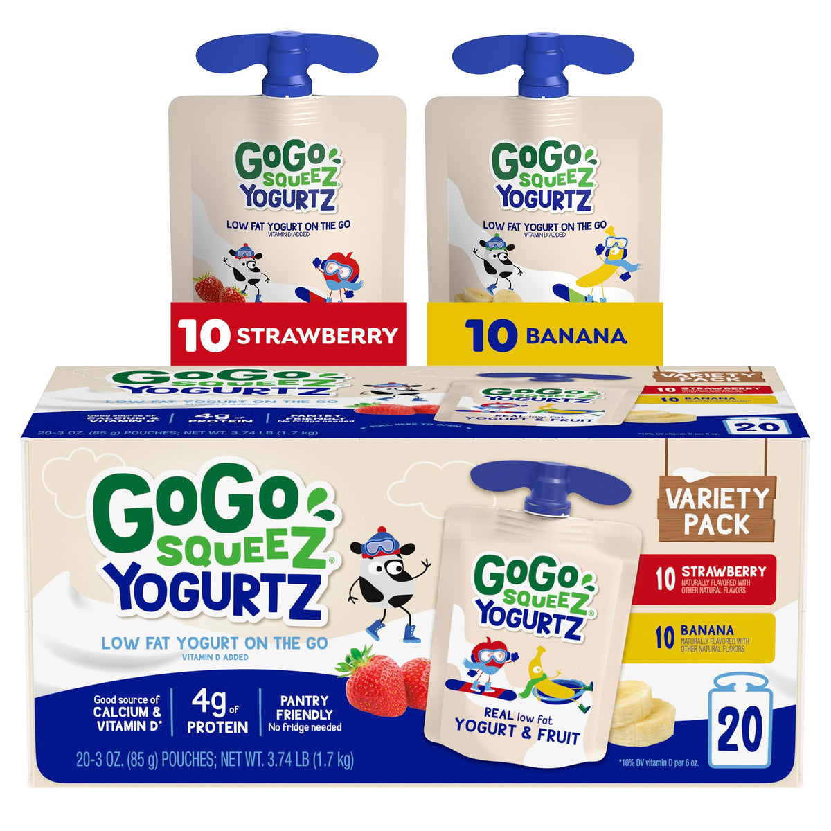GoGo squeeZ Low Fat YogurtZ Variety Pack, 3 oz Pouches, 20 Count