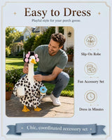 shpipa Goose Porch Outfit, 23-Inch Goose Statue, Leopard Print Bathrobe for Patio Home Decor, Comes with Curler, Waist Belt, Donut & Coffee Cup