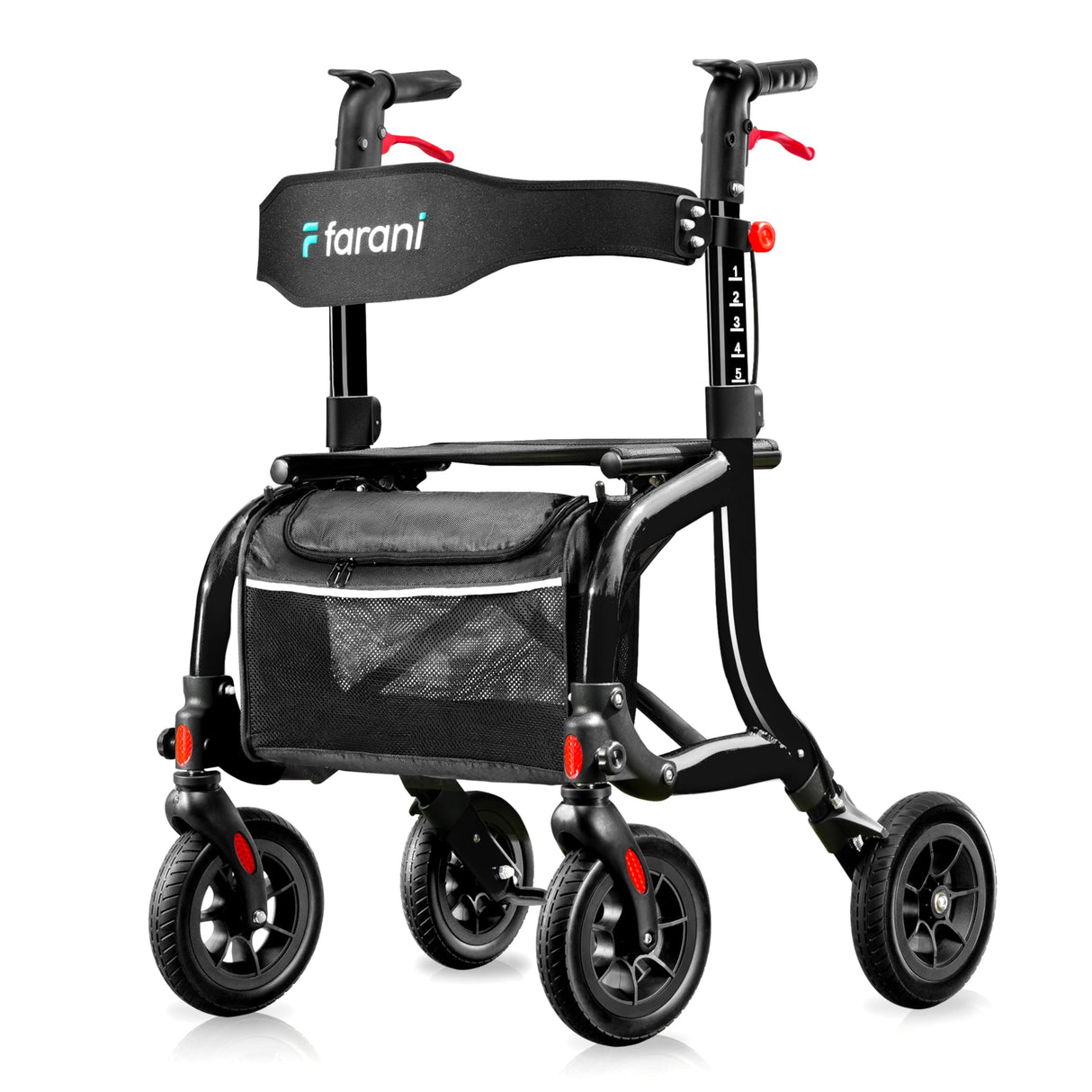 Farani All Terrain Rollator Walkers for Seniors, Lightweight Foldable Rolling Walker with Seat, Sturdy Integrated Molding Frame, Height-Adjustable Handles & Backbrest, 8" Rubber Wheels,Black