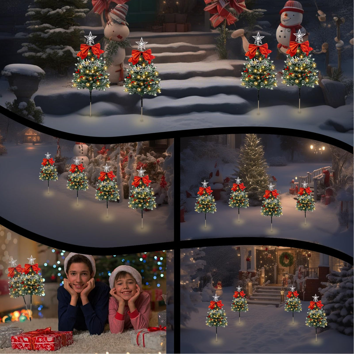 4 Pack Christmas Tree Solar Pathway Lights Outdoor Decorations, Waterproof Artificial Mini Xmas Tree Stake Lights with DIY Ornamets for Garden Yard Porch Decor (Snowy Tree)