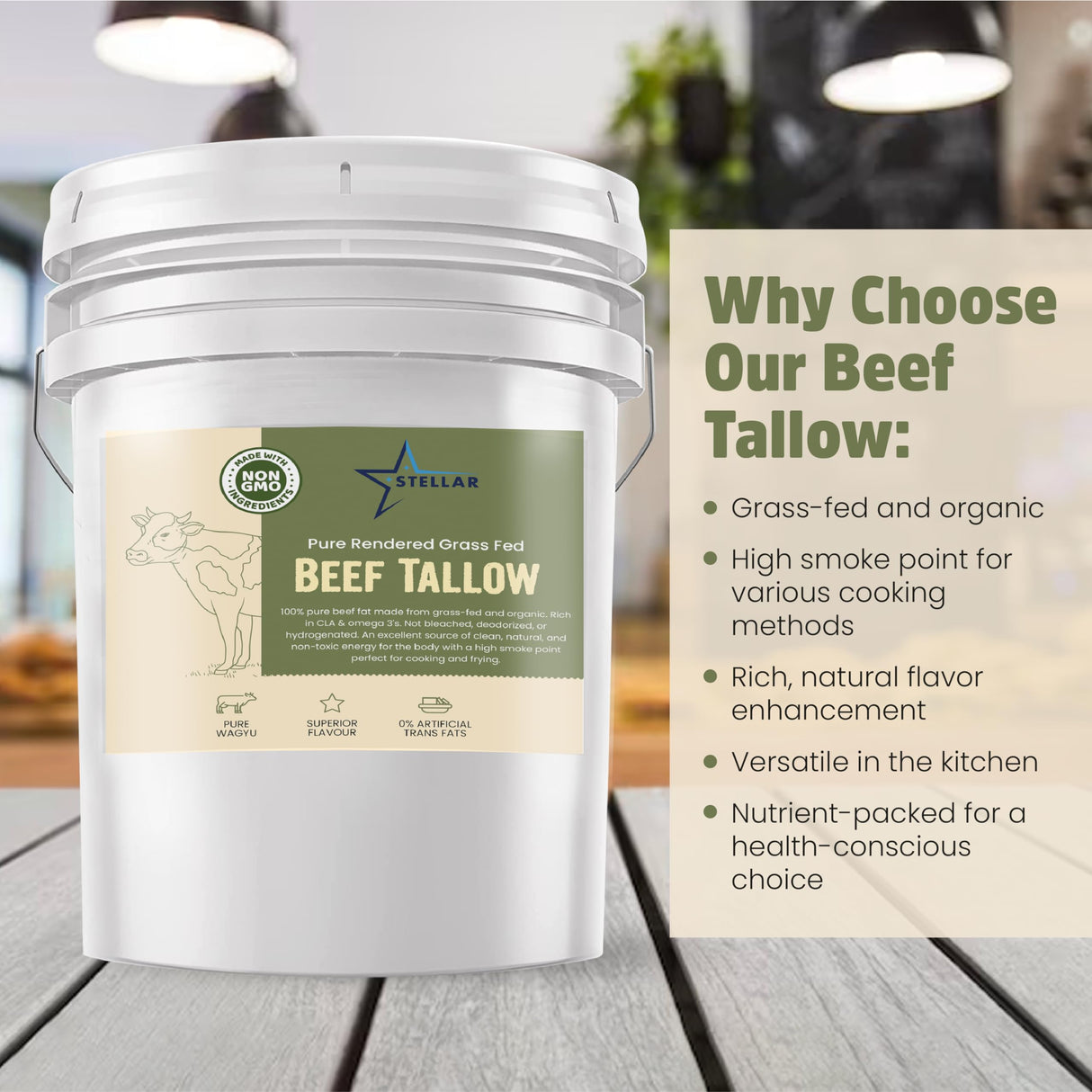 Stellar - Beef Tallow - 100% Grass-Fed & Finished - Good for Cooking, Baking and Frying - Food Grade - 2 LBS