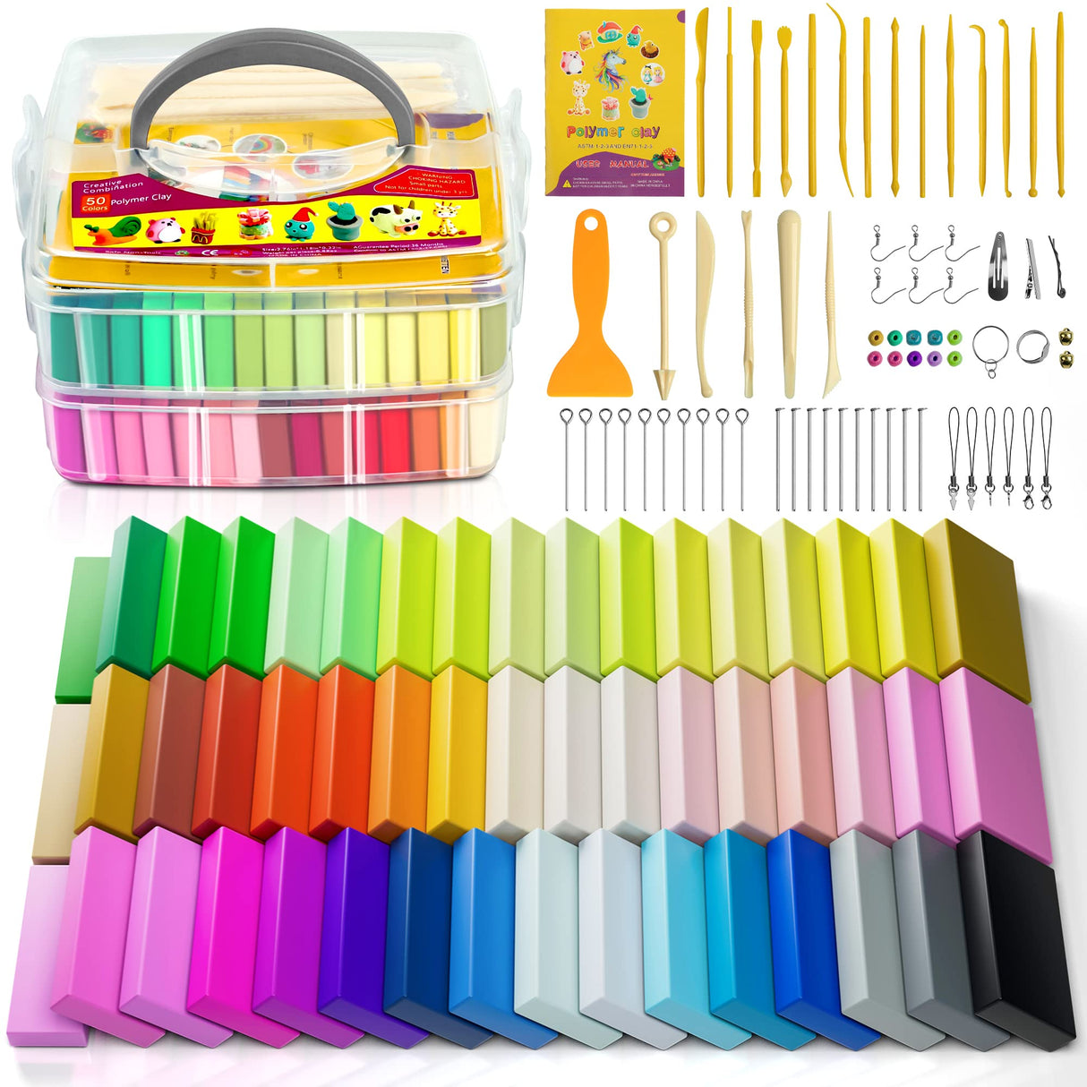 Polymer Clay 52 Colors, Modeling Clay for Kids, Non-Sticky Oven Bake Clay with Sculpting Tools and Accessories, Halloween Christmas Gift for Children and Artists