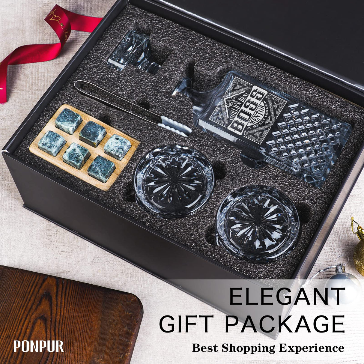 PONPUR Boss Gifts for Men, Decanter Set with Stones & Glasses, Best Boss Day Birthday Gift, Office Farewell Gifts for Boss, Mentor, Manager, Leader, Unique Stocking Stuffers Christmas Presents