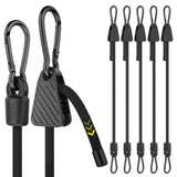 Rugtol Adjustable Bungee Cords with Hooks, 6 Pack Heavy Duty Outdoor Carabiner Bungee Cord, Black Super Elastic Bungee Straps Easily Adjust from 7" to 48", Great for Cargo, Camping, Bike Racks, Tents