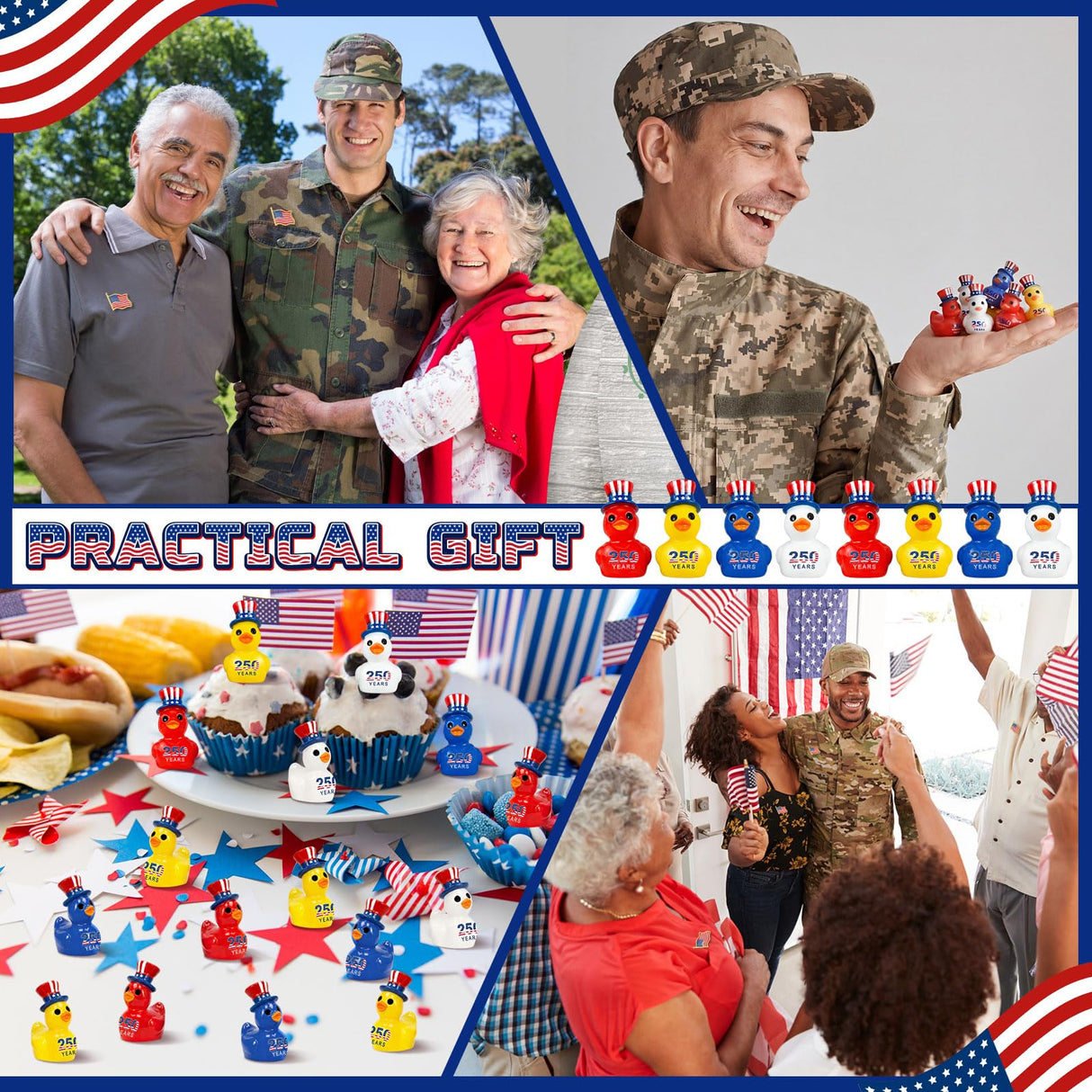 Skylety 36 Pcs Patriotic Mini Ducks 4th of July Independence Day Party Decor 250th Anniversary Red White Blue Ducks with Glue Points Garden Potted Miniature Cake Decoration Craft Patriotic Collectors