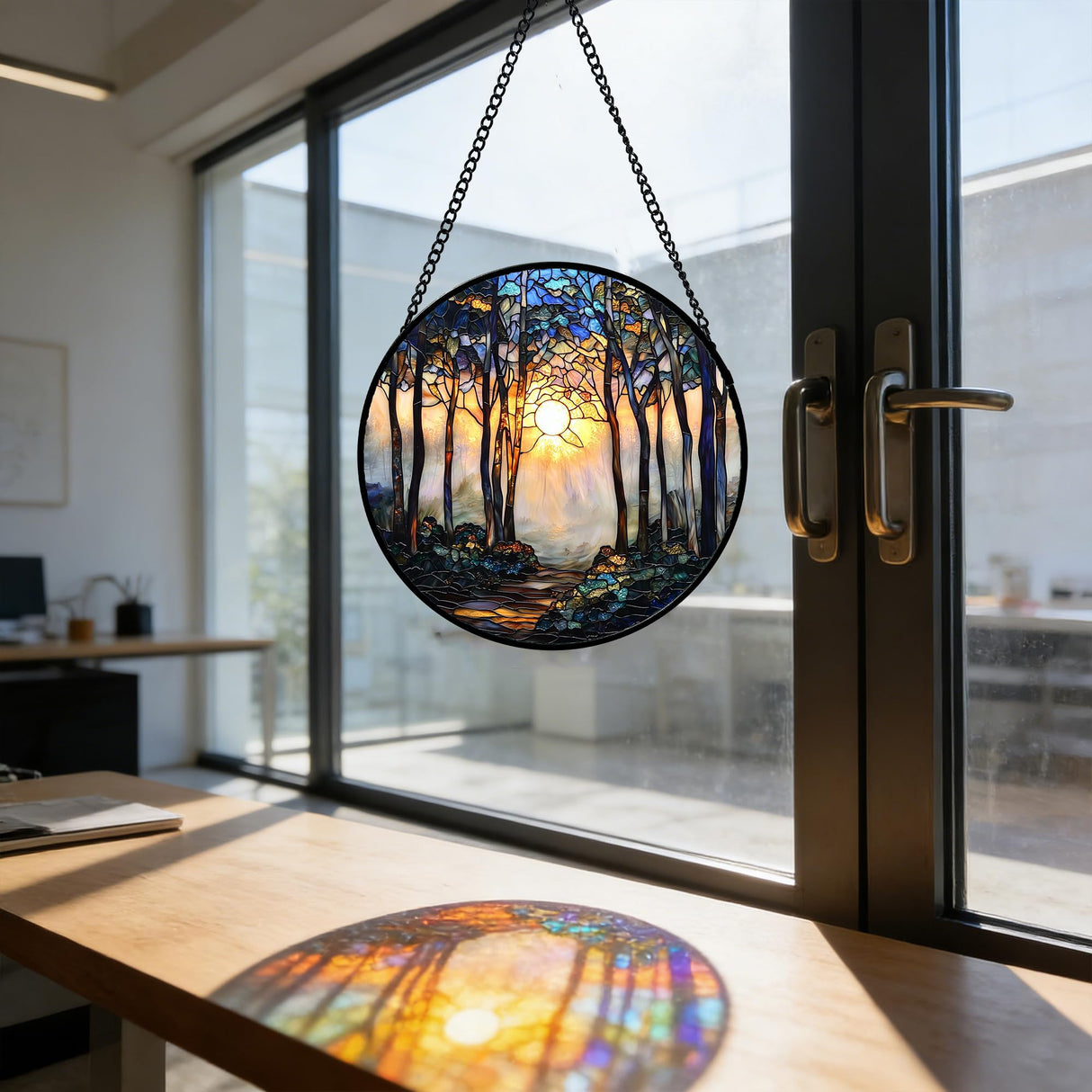 DASTOLL Stained Glass Window Hanging, Forest Sunrise Smoke Blue Brown Tree Suncatcher for Doors Window Home Landscape Sun Catchers Decor Mother's Day Birthday Gifts for Women, Men Mom 6.3 in