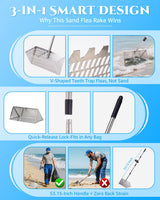 Sand Flea Rake 16" Wide - Detachable 54" Handle with Shark Tooth Screen - Stainless Steel Beach Rake for Fishing Bait, Shelling, Yard Cleaning - Saltwater Rust Proof & Portable