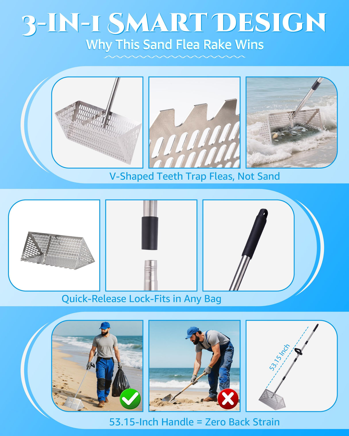 Sand Flea Rake 16" Wide - Detachable 54" Handle with Shark Tooth Screen - Steel Beach Rake for Fishing Bait, Shelling, Yard Cleaning