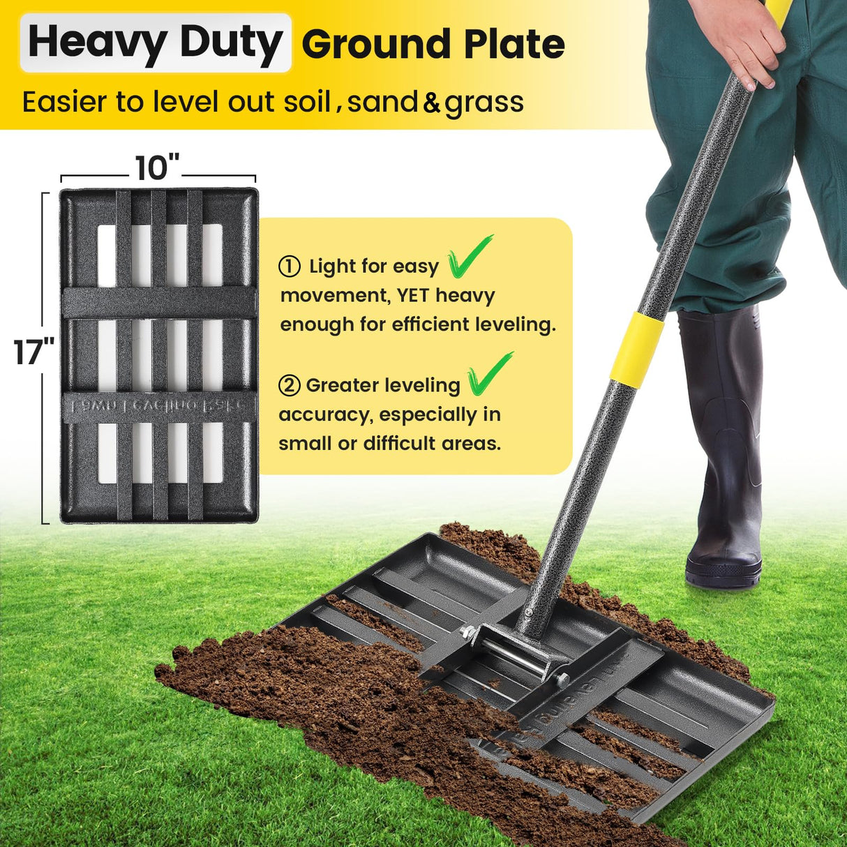 Lawn Leveling Rake, Heavy Duty 17"x10" Curved Ground Plate, 72" Long Handle Lawn Leveler Tool Landscape Rake for Compost Soil Dirt Sand Grass Peat Moss